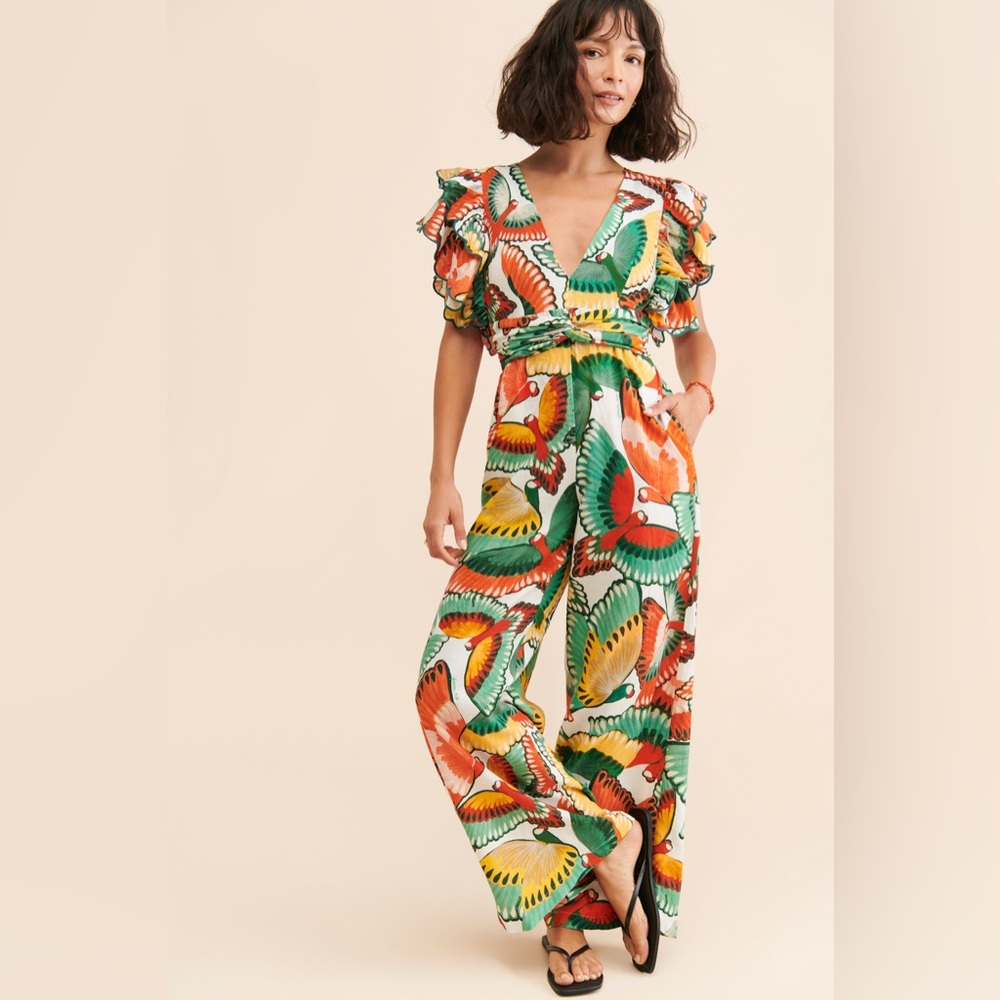 Farm Rio Ruffle-Sleeve Linen Jumpsuit - Picture 2 of 11